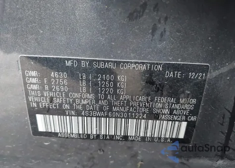 2022 Subaru Legacy Premium from USA, damaged, VIN 4S3BWAF60N3011224